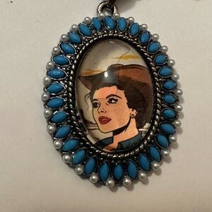 Vintage Style Blue and Silver Cowgirl  Pendant Necklace